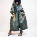 Vintage Washed Denim Maxi Dress | Oversized Cocoon Silhouette, Lantern Sleeves, Standing Collar