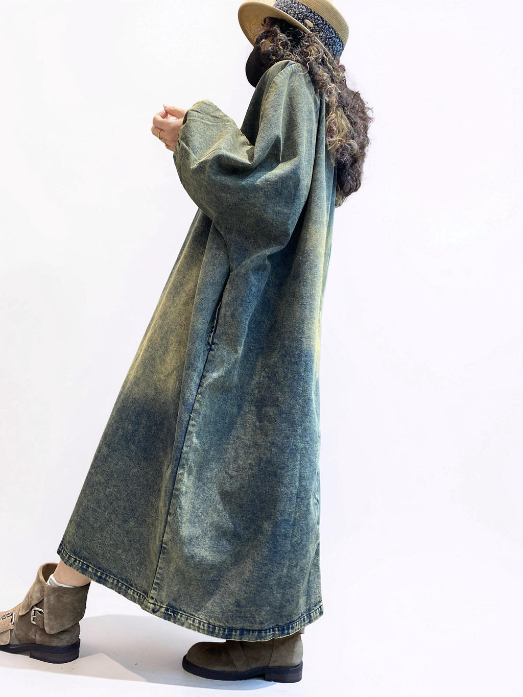 Vintage Washed Denim Maxi Dress | Oversized Cocoon Silhouette, Lantern Sleeves, Standing Collar