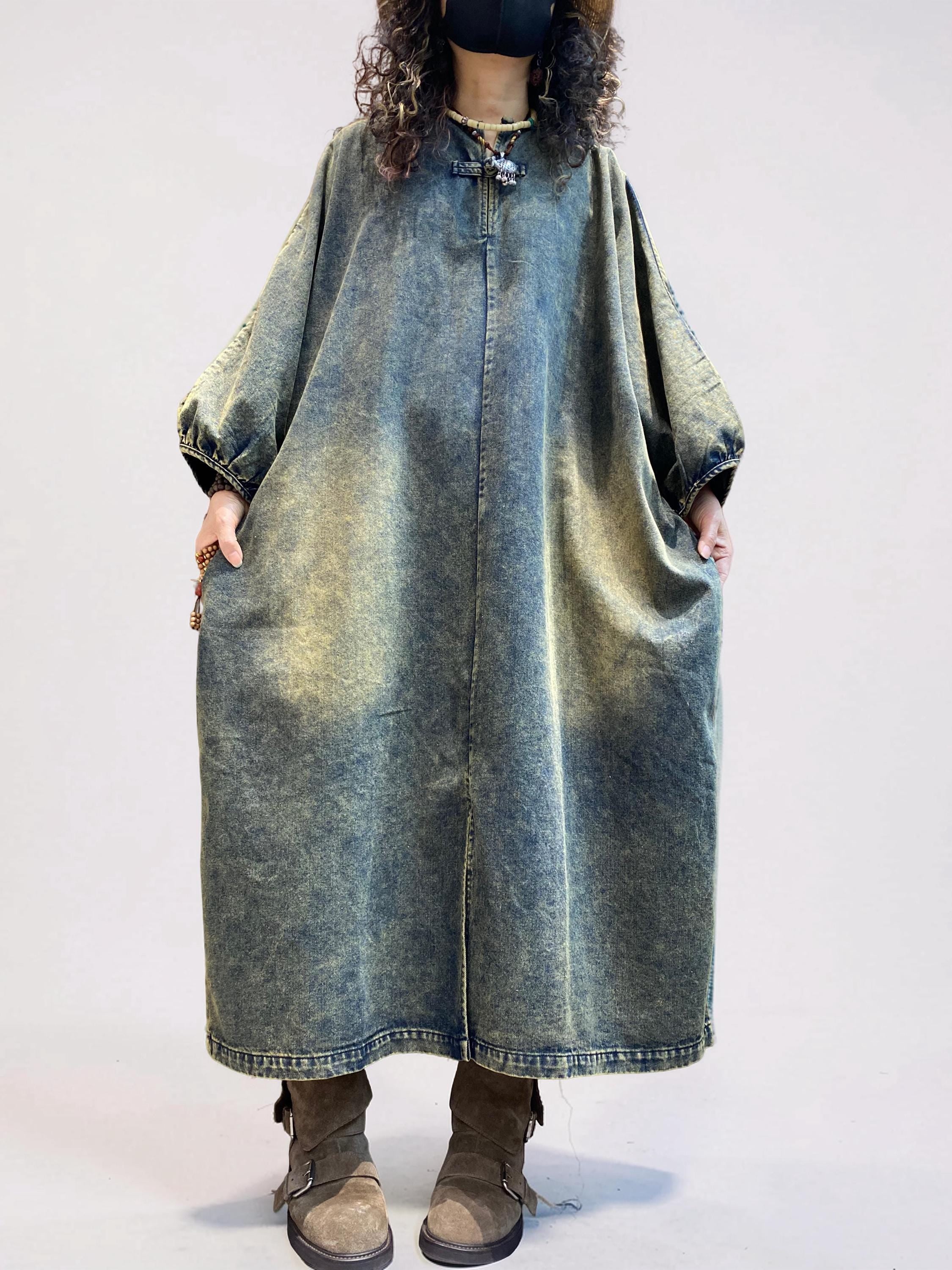 Vintage Washed Denim Maxi Dress | Oversized Cocoon Silhouette, Lantern Sleeves, Standing Collar