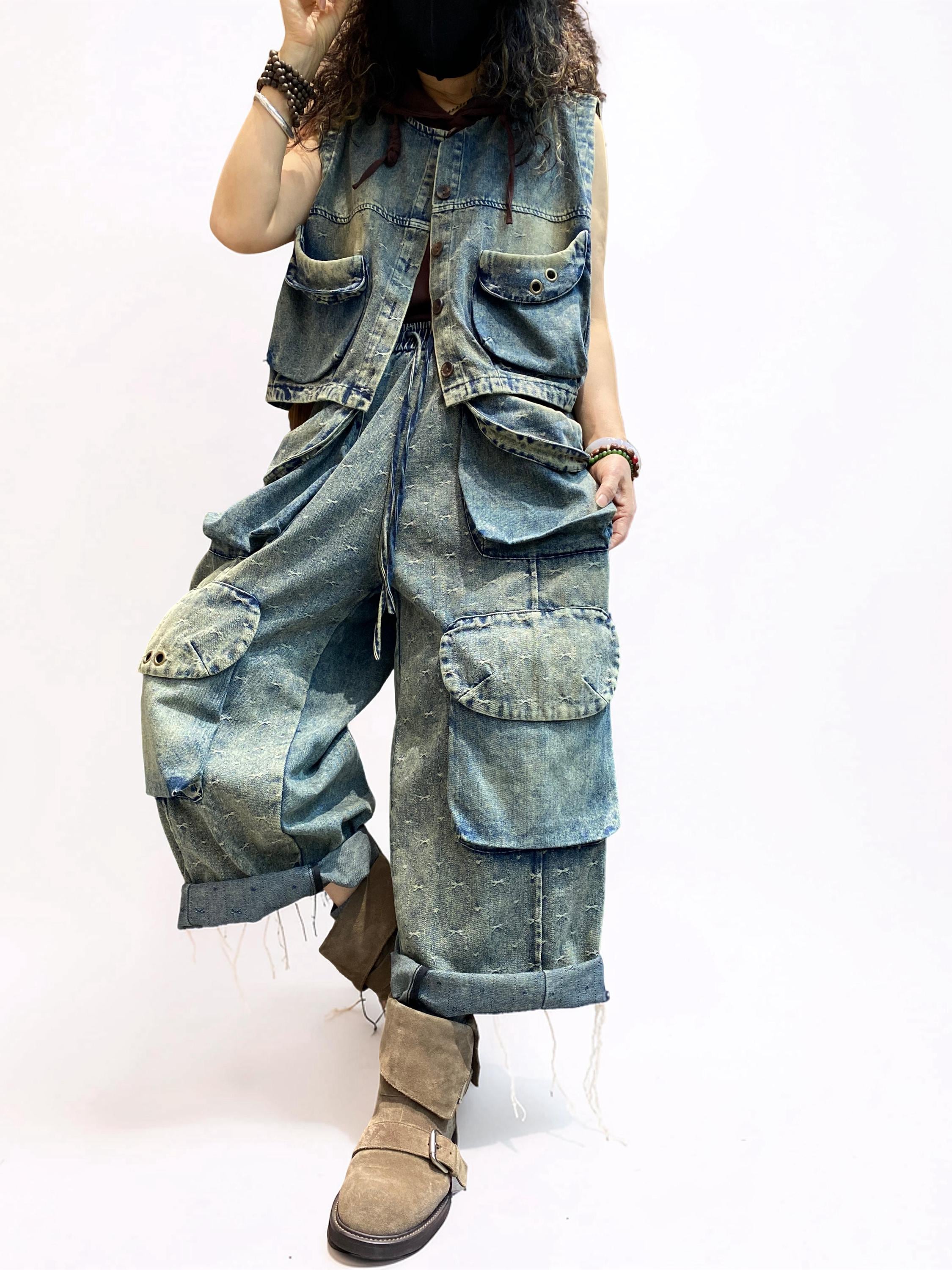 Washed Denim Utility Set | Oversized Cargo Balloon Pants, Cropped Vest