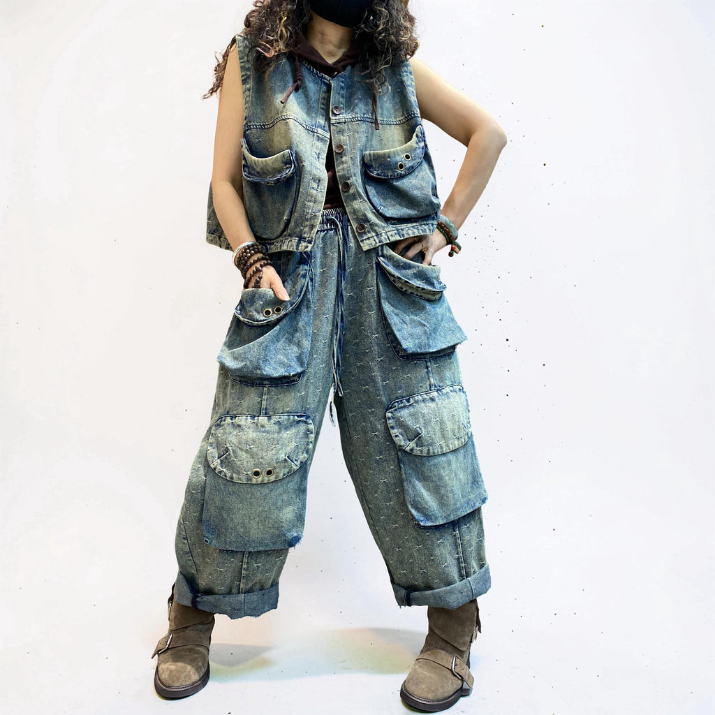 Washed Denim Utility Set | Oversized Cargo Balloon Pants, Cropped Vest