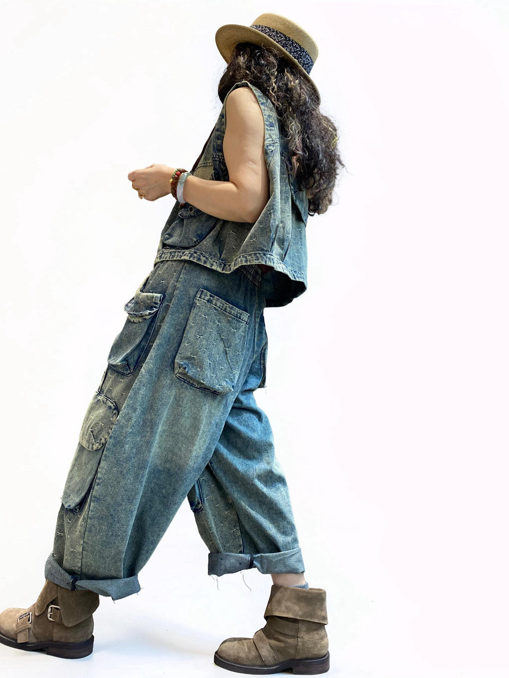 Washed Denim Utility Set | Oversized Cargo Balloon Pants, Cropped Vest