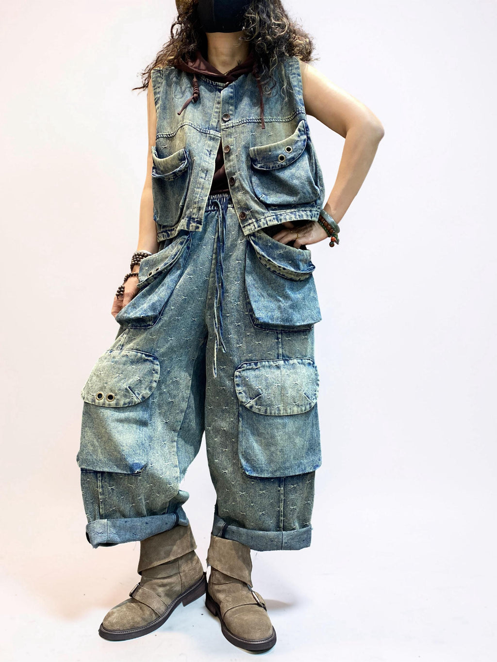 Washed Denim Utility Set | Oversized Cargo Balloon Pants, Cropped Vest
