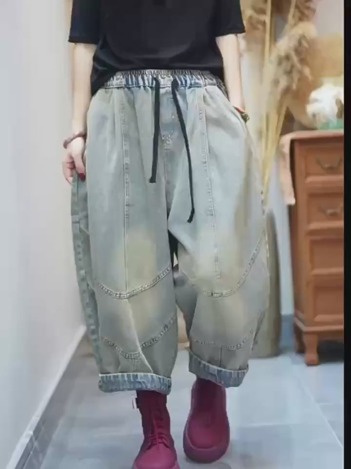 Patchwork Harem Pants: Washed Denim Look, Boho Drop Crotch Trousers
