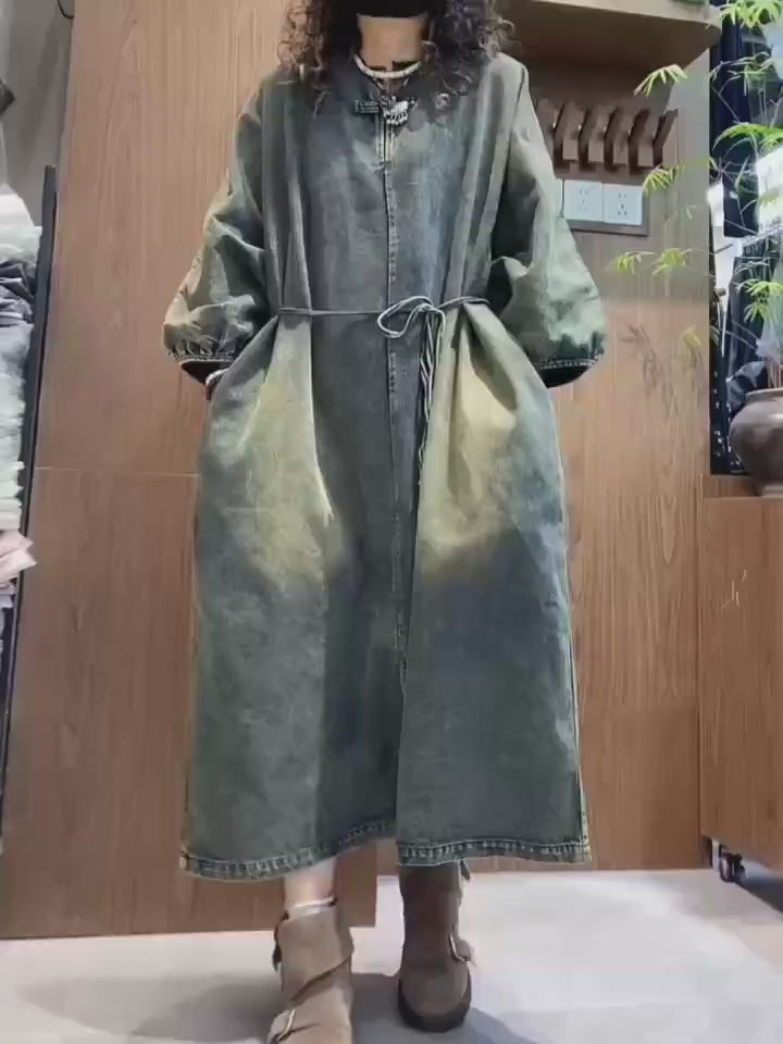 Vintage Washed Denim Maxi Dress | Oversized Cocoon Silhouette, Lantern Sleeves, Standing Collar
