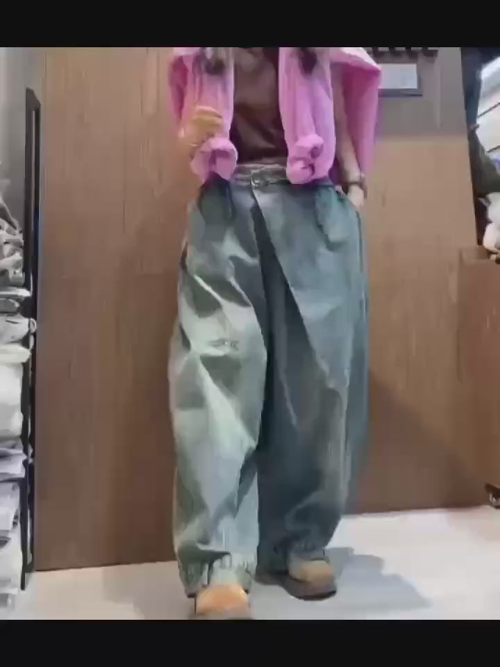 Washed Denim Harem Pants, Wide Leg Drop Crotch, Boho Streetwear Trousers