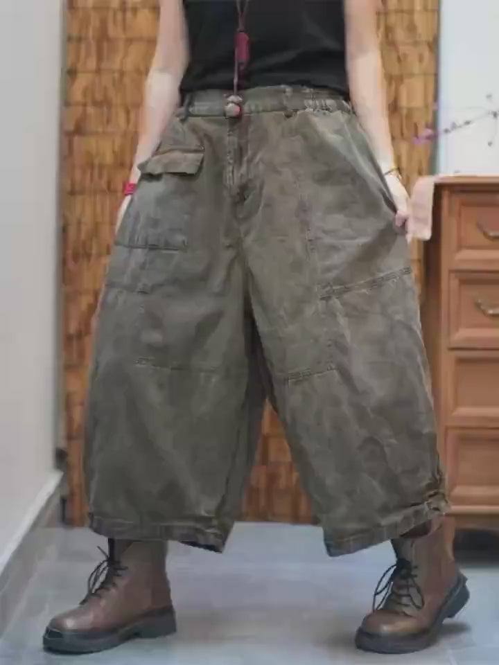 Washed Vintage Cargo Harem Pants | Wide-Leg Tapered Denim Look